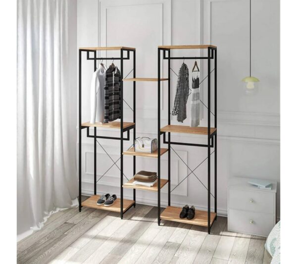 Portant meuble Rangement Pour Vêtements penderie Ouverte En Acier+mdf chêne+noir 165x39.8x204.6cm