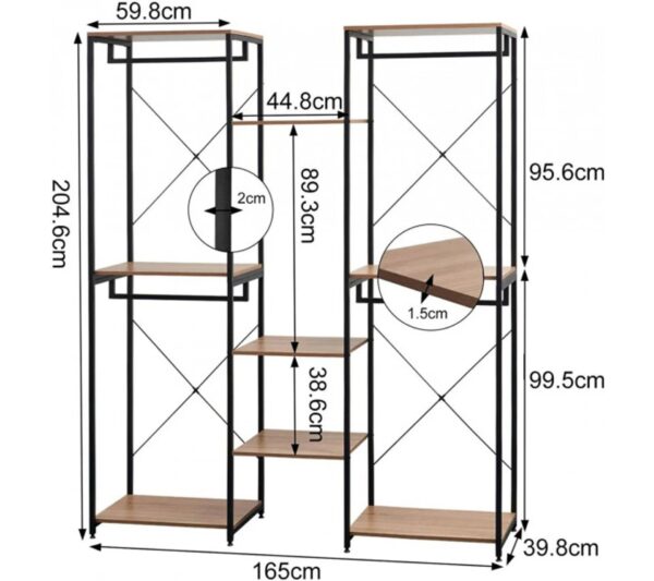 Portant meuble Rangement Pour Vêtements penderie Ouverte En Acier+mdf chêne+noir 165x39.8x204.6cm – Image 3