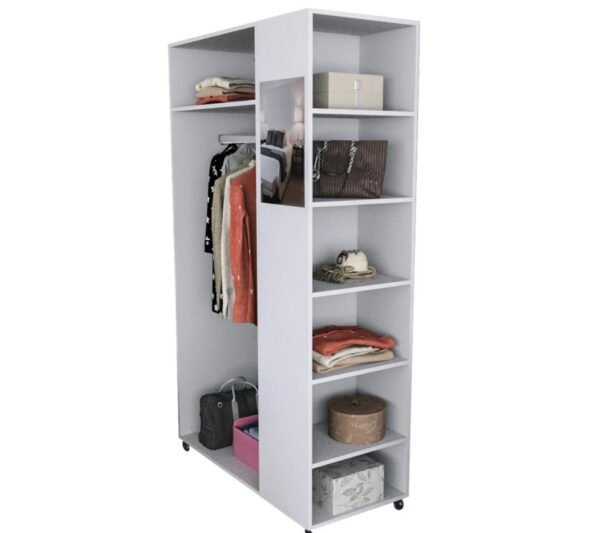 Meuble Dressing Penderie Blanc 8 Niches Miroir Roulettes L 100 H 174 P 45 Cm – Image 8