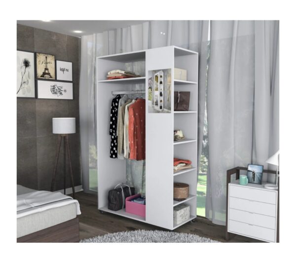Meuble Dressing Penderie Blanc 8 Niches Miroir Roulettes L 100 H 174 P 45 Cm