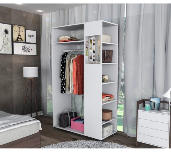 Meuble Dressing Penderie Blanc 8 Niches Miroir Roulettes L 100 H 174 P 45 Cm – Image 3