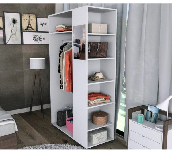 Meuble Dressing Penderie Blanc 8 Niches Miroir Roulettes L 100 H 174 P 45 Cm – Image 4