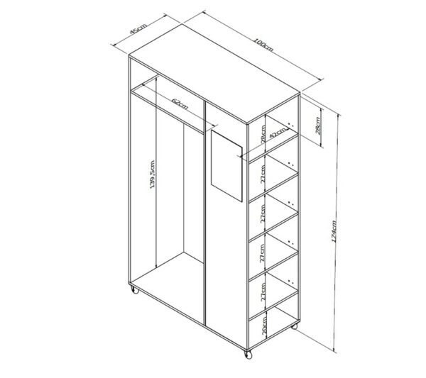 Meuble Dressing Penderie Blanc 8 Niches Miroir Roulettes L 100 H 174 P 45 Cm – Image 5