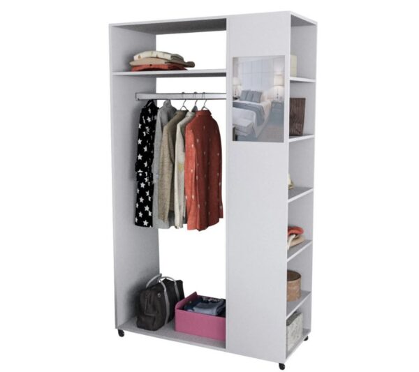 Meuble Dressing Penderie Blanc 8 Niches Miroir Roulettes L 100 H 174 P 45 Cm – Image 9